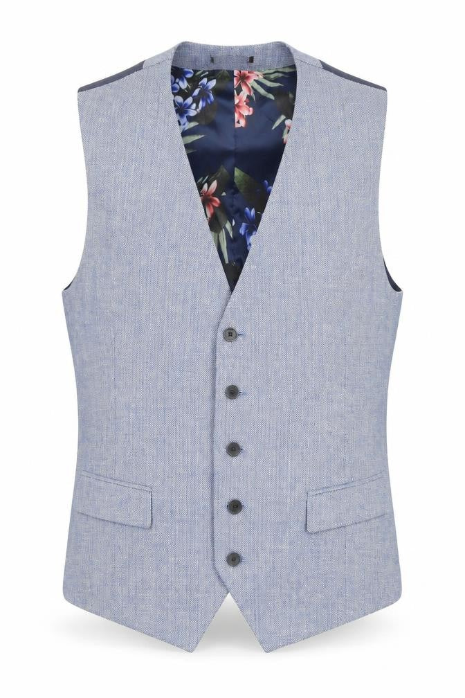 Front view of Skopes men’s blue polyester jacket suit waistcoat, size 42, regular