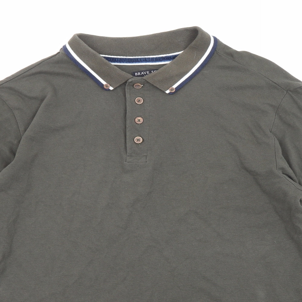 Brave Soul Mens Green Cotton Polo Size M Collared Button