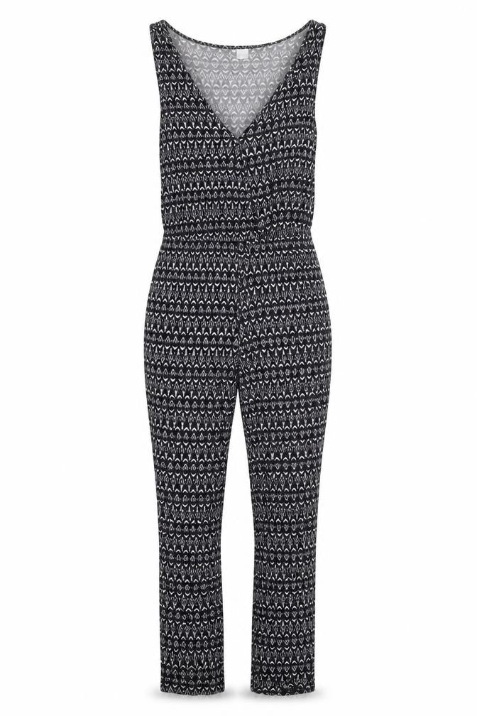 Front view of H&M women’s black geometric viscose jumpsuit one-piece, size S, 29-inch leg pullover
