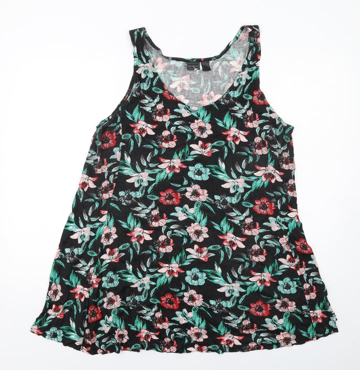 bonprix Womens Black Floral Viscose Basic Tank Size L Scoop Neck