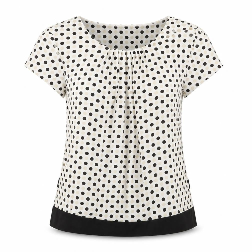 Front view of Precis women’s multicoloured polka dot polyester basic blouse, size UK 12, boat neck - pleat front detail