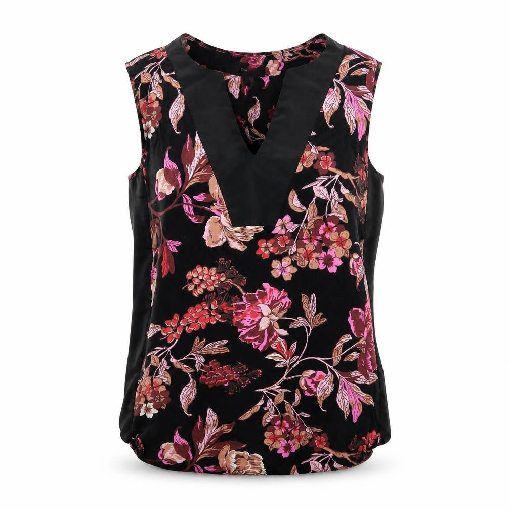 Front view of Next women’s black floral viscose basic blouse, size UK 8, v-neck
