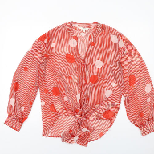 NEXT Womens Red Striped Polyester Basic Button-Up Size 12 V-Neck