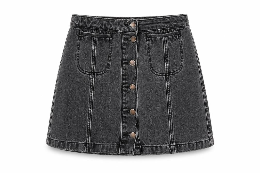 Front view of Topshop women’s grey cotton mini skirt, size UK 10, button