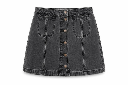 Front view of Topshop women’s grey cotton mini skirt, size UK 10, button