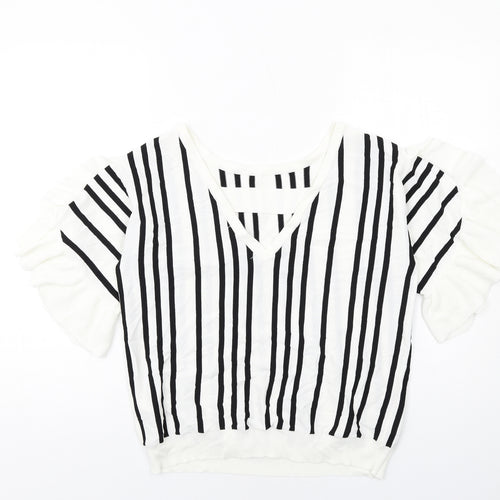 NEXT Womens White Round Neck Striped Viscose Pullover Jumper Size 14