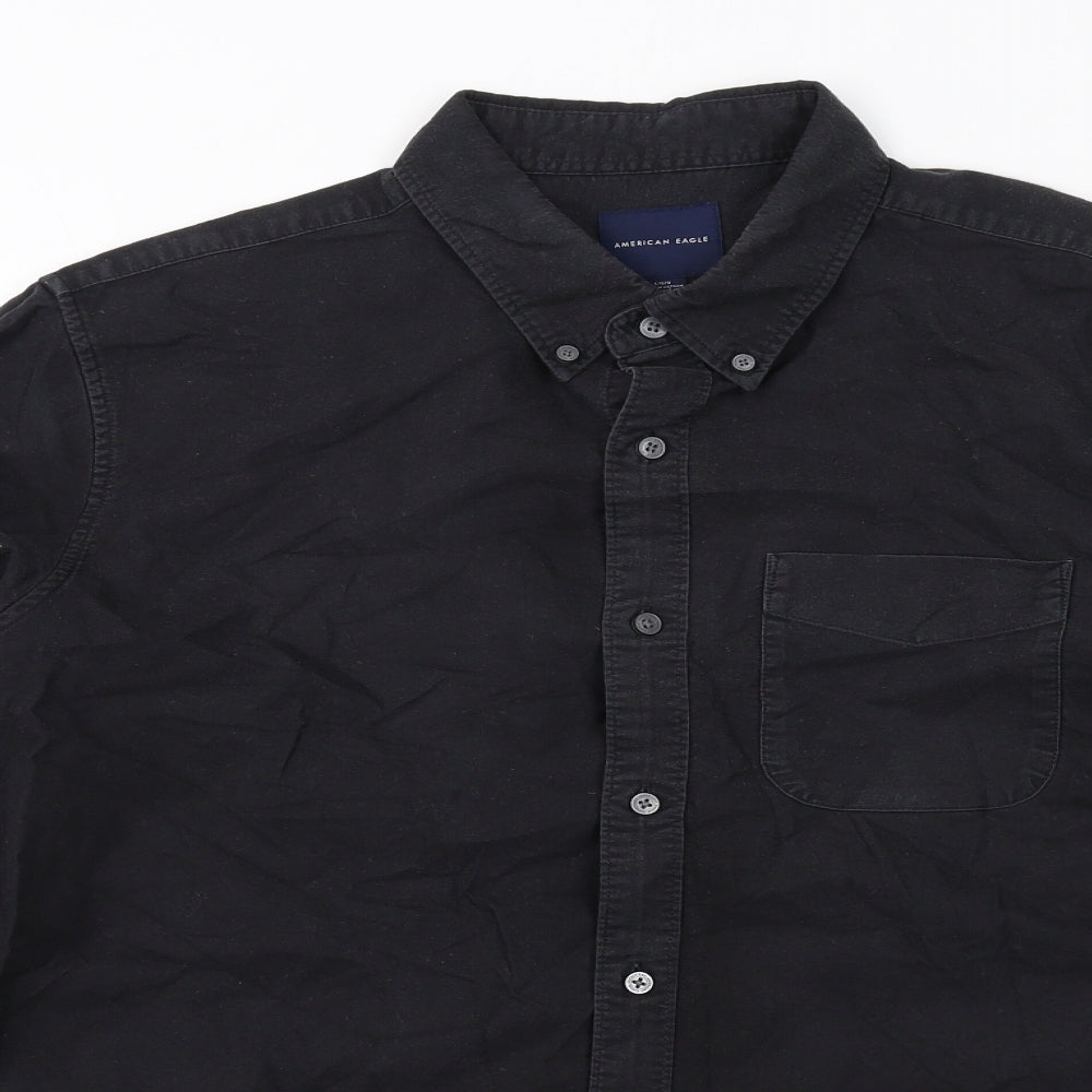 American Eagle Outfitters Mens Black Cotton Button-Up Size L Collared Button