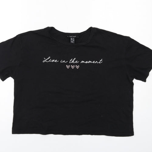 New Look Womens Black Cotton Cropped T-Shirt Size 12 Round Neck - Live in The Moment