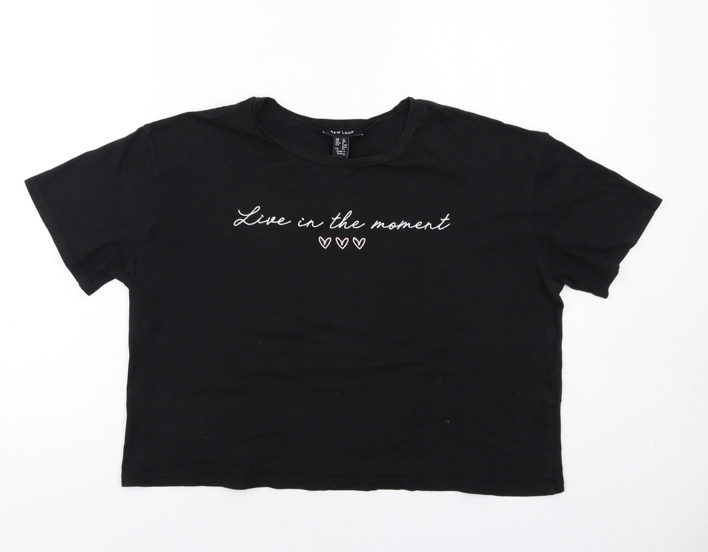 New Look Womens Black Cotton Cropped T-Shirt Size 12 Round Neck - Live in The Moment