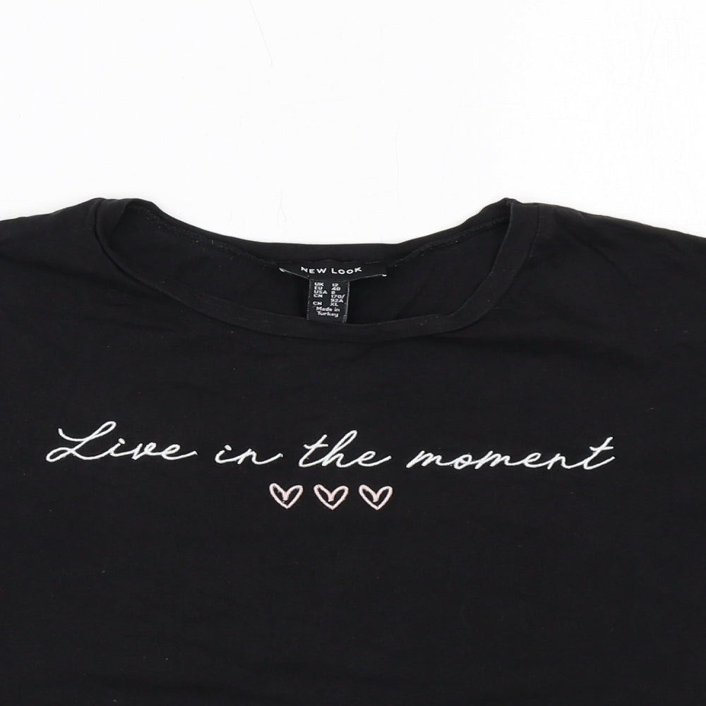 New Look Womens Black Cotton Cropped T-Shirt Size 12 Round Neck - Live in The Moment