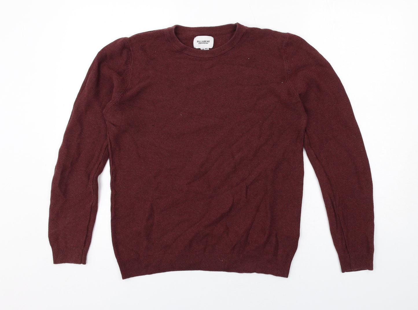 Pull&Bear Mens Red Round Neck Cotton Pullover Jumper Size M Long Sleeve