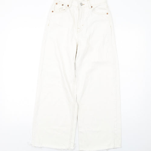 Pull&Bear Womens White Cotton Wide-Leg Jeans Size 4 L26 in Regular Zip - Frayed Hem