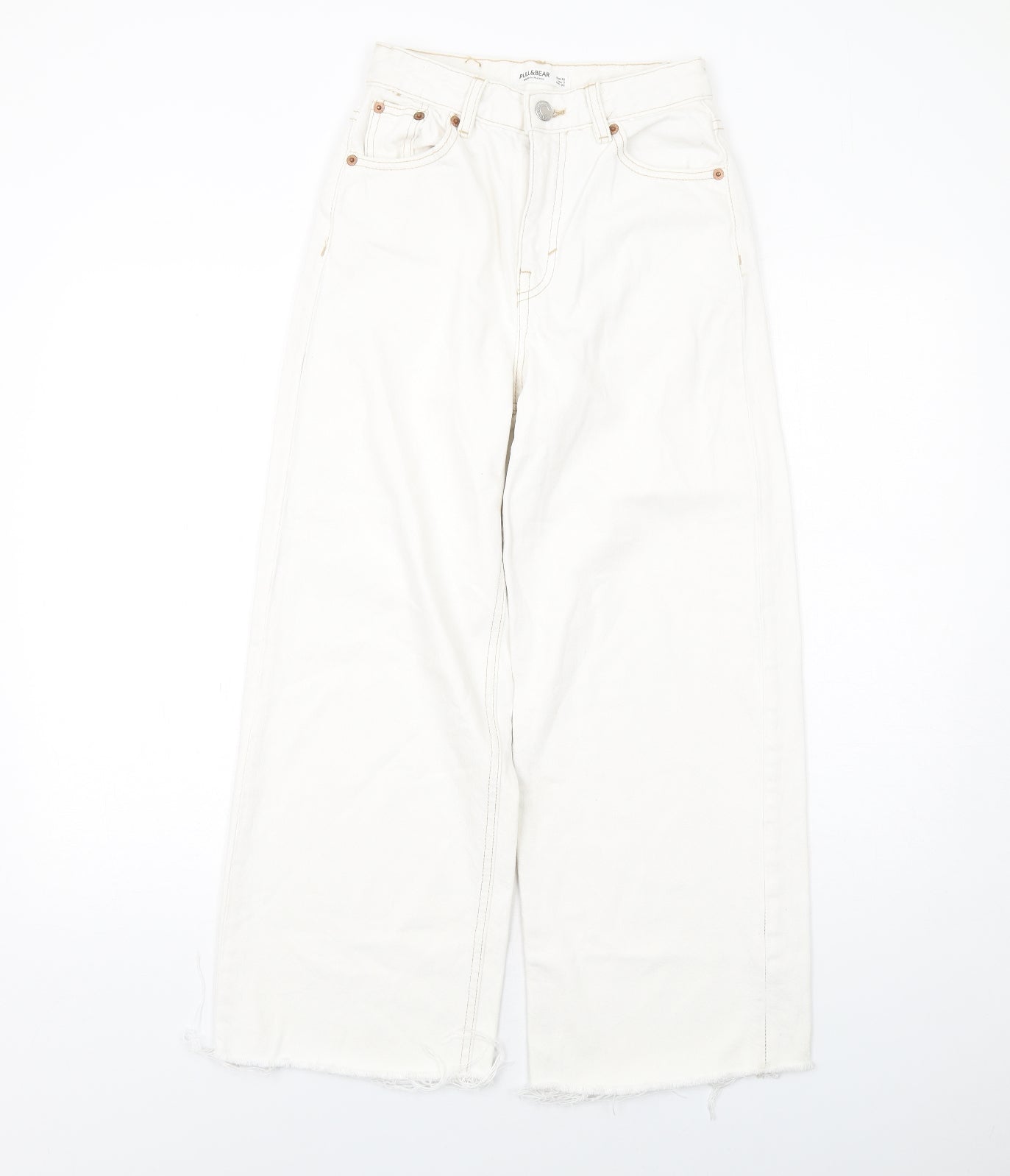 Pull&Bear Womens White Cotton Wide-Leg Jeans Size 4 L26 in Regular Zip - Frayed Hem