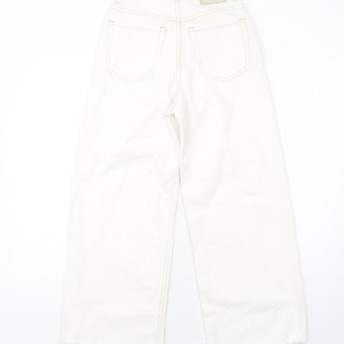 Pull&Bear Womens White Cotton Wide-Leg Jeans Size 4 L26 in Regular Zip - Frayed Hem
