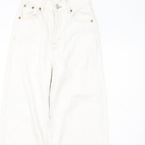 Pull&Bear Womens White Cotton Wide-Leg Jeans Size 4 L26 in Regular Zip - Frayed Hem