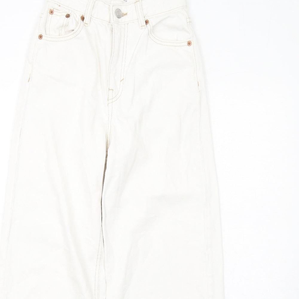 Pull&Bear Womens White Cotton Wide-Leg Jeans Size 4 L26 in Regular Zip - Frayed Hem