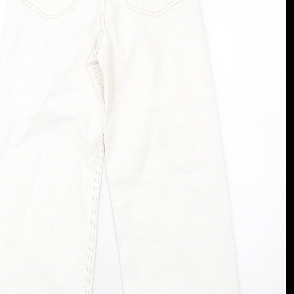 Pull&Bear Womens White Cotton Wide-Leg Jeans Size 4 L26 in Regular Zip - Frayed Hem