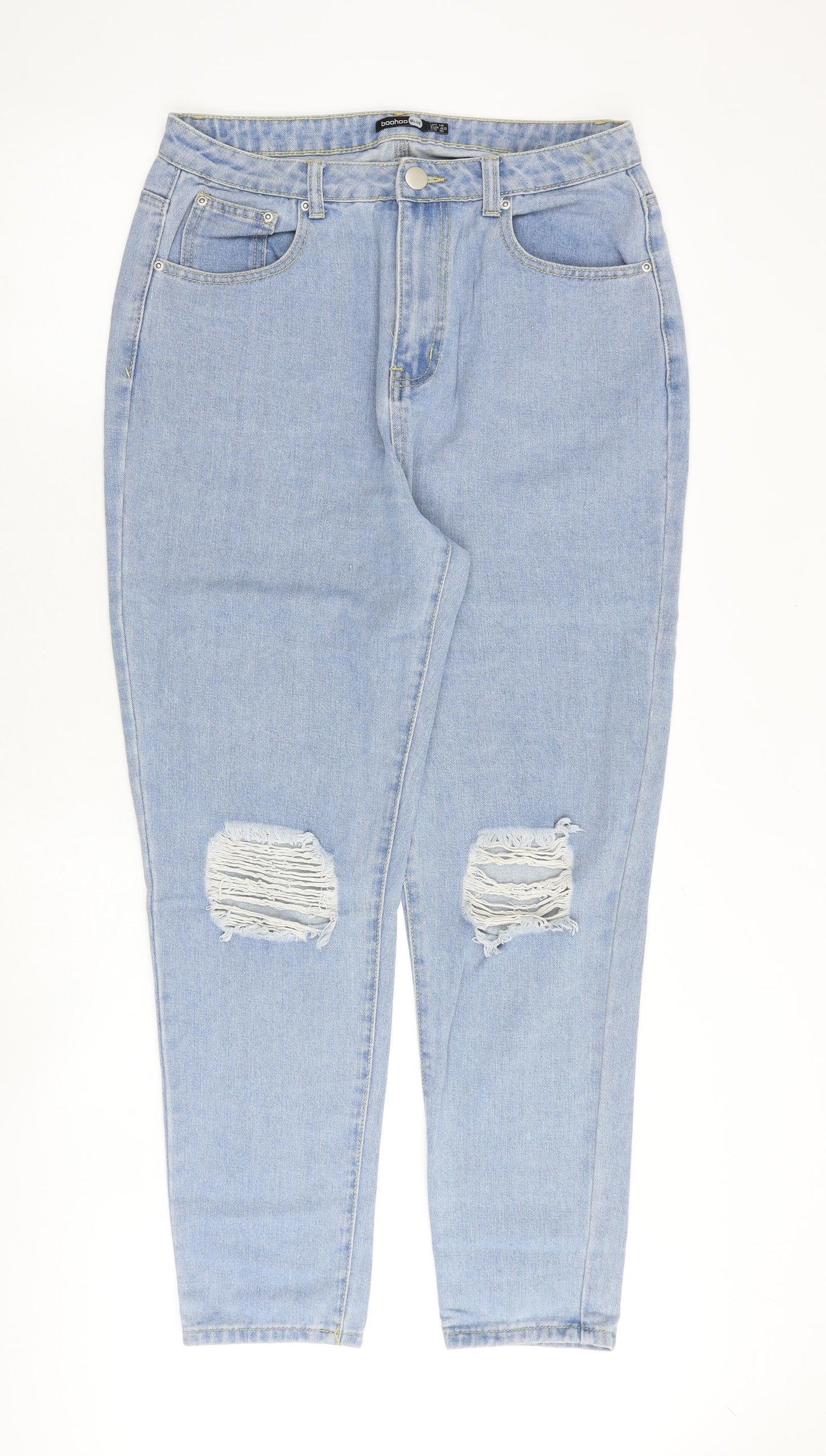 Boohoo Womens Blue Cotton Tapered Jeans Size 14 Regular Zip