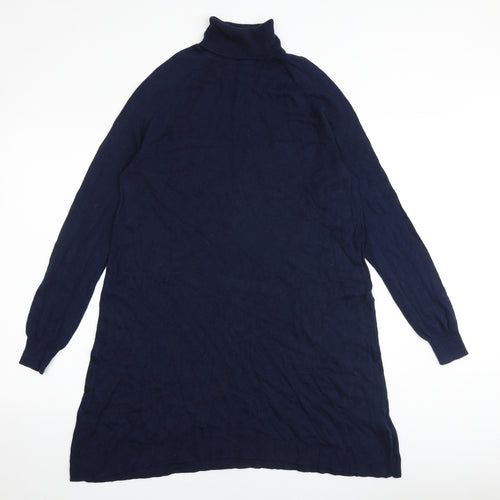 Marks and Spencer Womens Blue Viscose Jumper Dress Size 16 Roll Neck Pullover