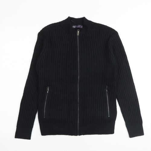 Marks and Spencer Womens Black Round Neck Polyester Full Zip Jumper Size XS