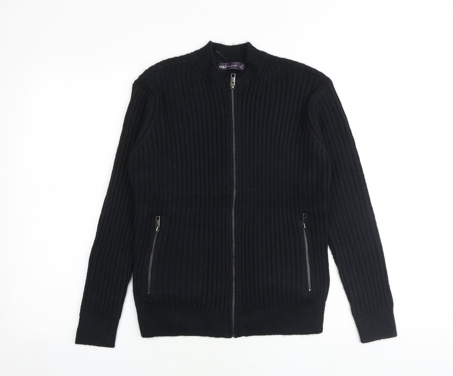 Marks and Spencer Womens Black Round Neck Polyester Full Zip Jumper Size XS