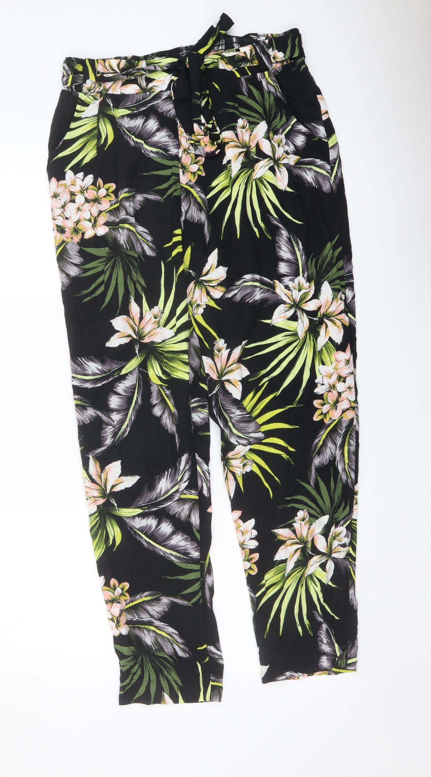 Wallis Womens Black Floral Viscose Trousers Size 12 L27 in Regular