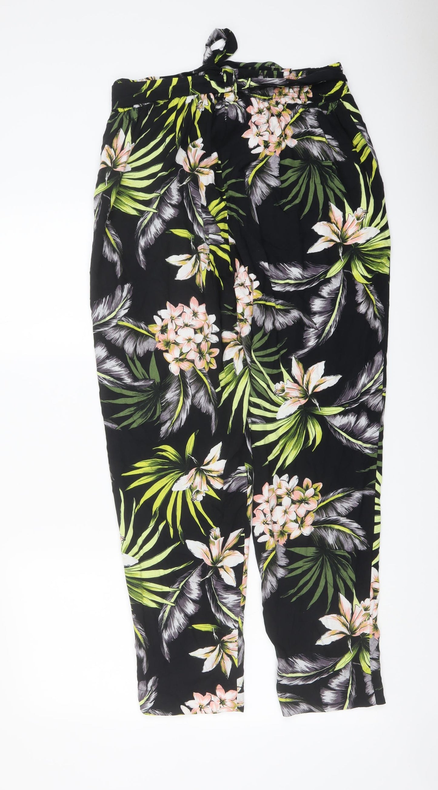 Wallis Womens Black Floral Viscose Trousers Size 12 L27 in Regular