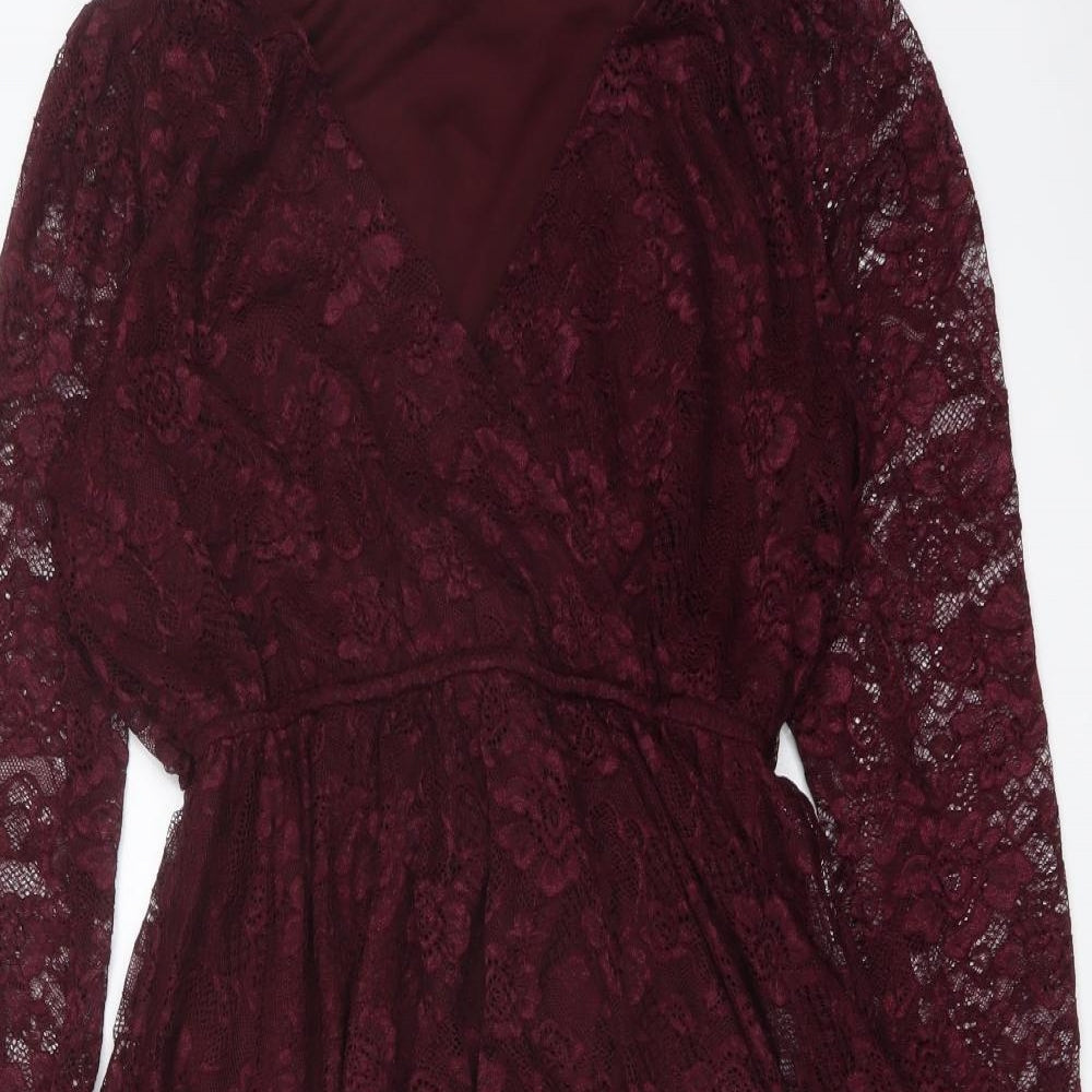 New Look Womens Red Nylon Fit & Flare Size 14 V-Neck Pullover