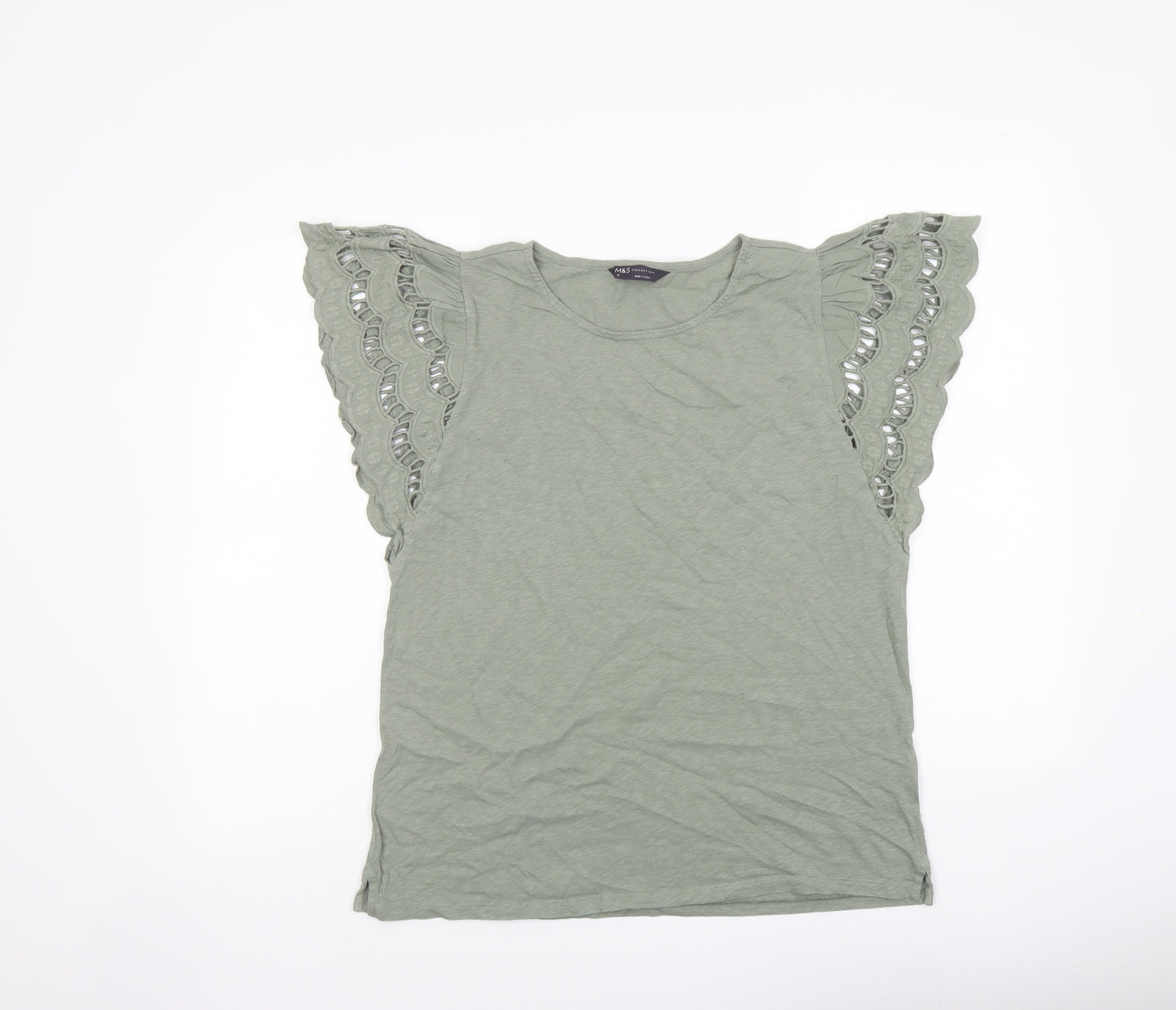 Marks and Spencer Womens Green Cotton Basic T-Shirt Size 12 Round Neck