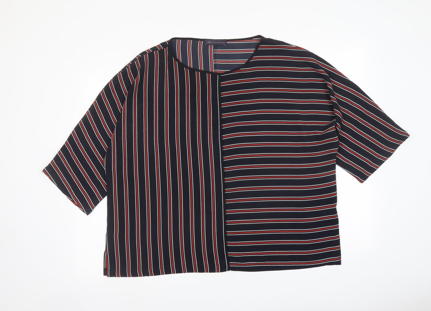 Marks and Spencer Womens Blue Striped Polyester Basic T-Shirt Size 18 Round Neck