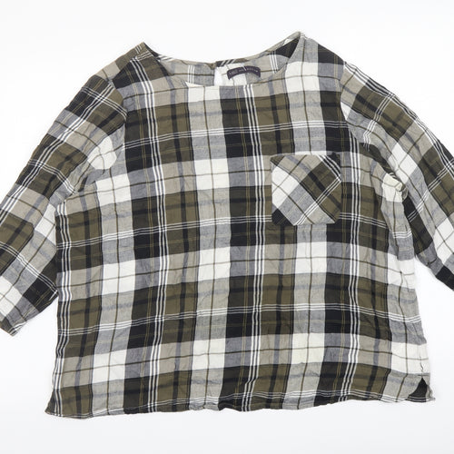 Marks and Spencer Womens Green Plaid Cotton Basic Blouse Size 20 Boat Neck