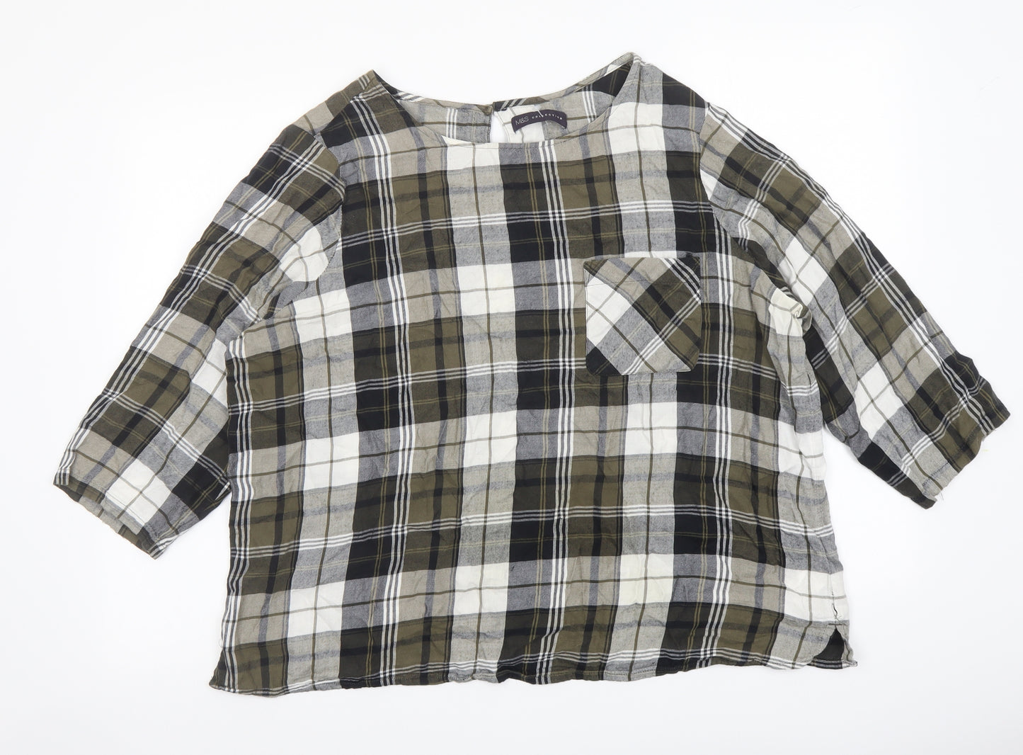 Marks and Spencer Womens Green Plaid Cotton Basic Blouse Size 20 Boat Neck
