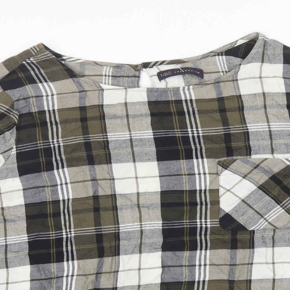 Marks and Spencer Womens Green Plaid Cotton Basic Blouse Size 20 Boat Neck