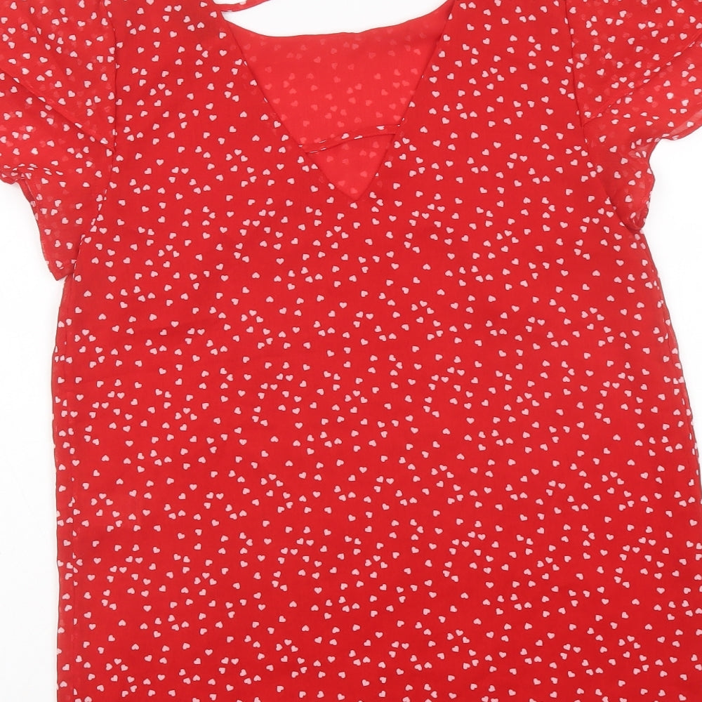 Dorothy Perkins Womens Red Geometric Polyester Basic Blouse Size 8 Boat Neck - Heart Print
