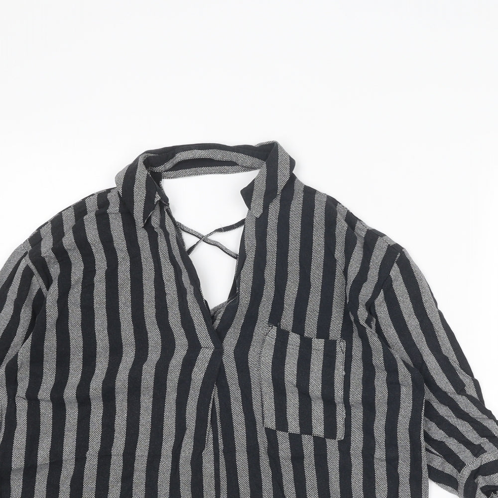 River Island Womens Black Striped Viscose Basic Blouse Size 8 Collared