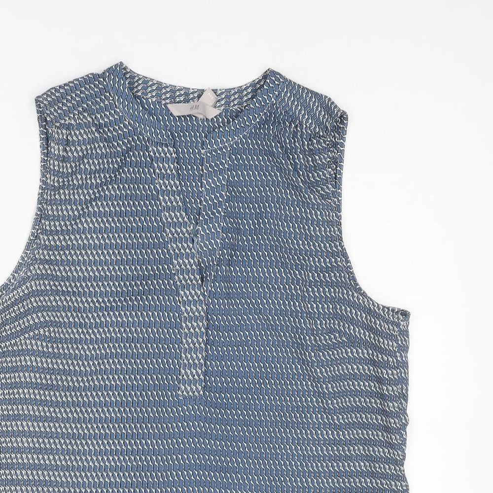 H&M Womens Blue Geometric Polyester Basic Blouse Size 8 V-Neck