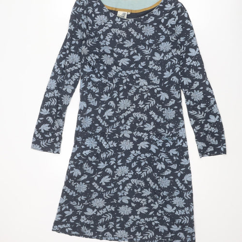 Weird Fish Womens Blue Floral Cotton A-Line Size 10 Boat Neck Pullover