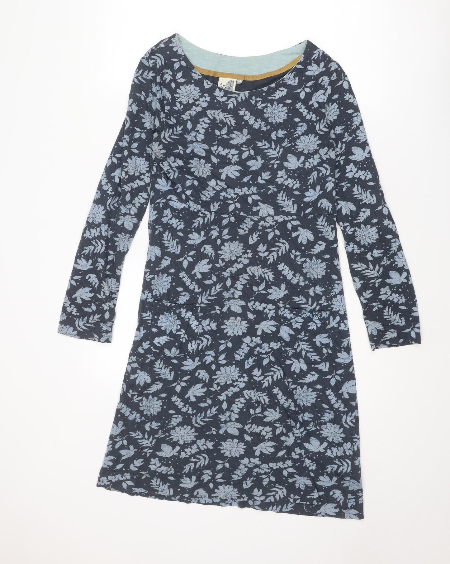 Weird Fish Womens Blue Floral Cotton A-Line Size 10 Boat Neck Pullover