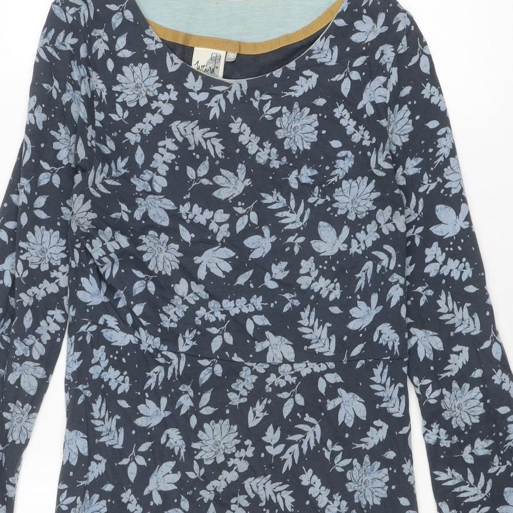 Weird Fish Womens Blue Floral Cotton A-Line Size 10 Boat Neck Pullover