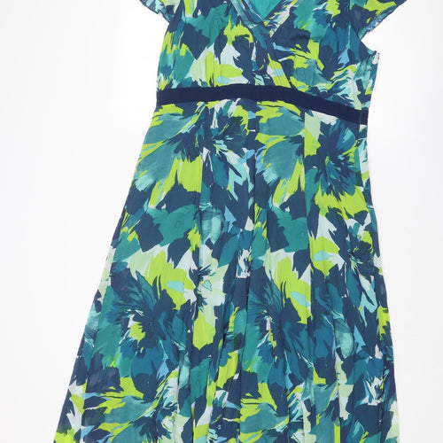 Per Una Womens Blue Floral Polyester A-Line Size 18 V-Neck Zip