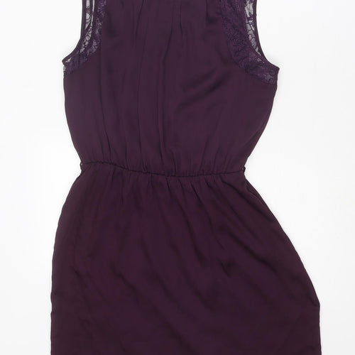 New Look Womens Purple Polyester Shift Size 10 Boat Neck Button - Lace Detail