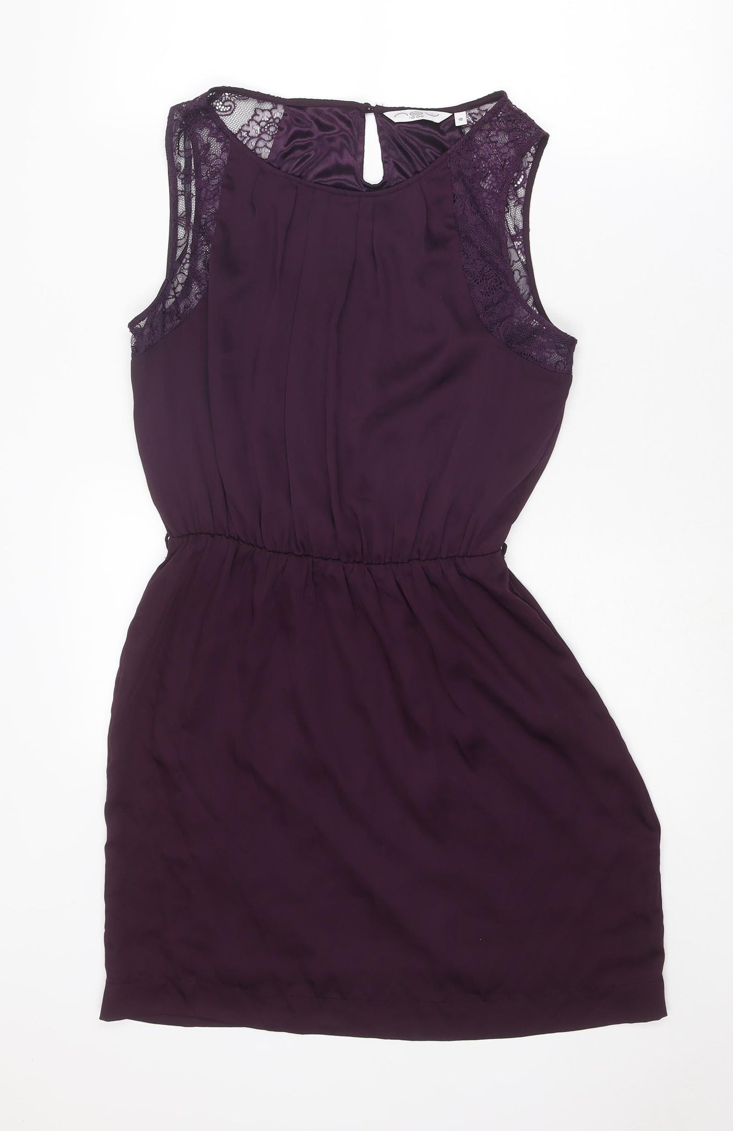 New Look Womens Purple Polyester Shift Size 10 Boat Neck Button - Lace Detail