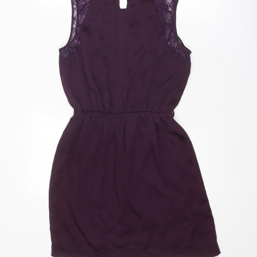 New Look Womens Purple Polyester Shift Size 10 Boat Neck Button - Lace Detail