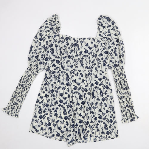 Boohoo Womens Ivory Floral Polyester Playsuit One-Piece Size 12 L4 in Zip