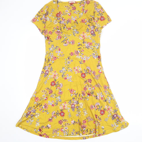 Joe Browns Womens Yellow Floral Viscose A-Line Size 10 V-Neck Pullover