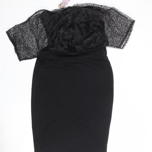 Boohoo Womens Black Polyester Pencil Dress Size 16 Boat Neck Pullover - Sheer Sleeves
