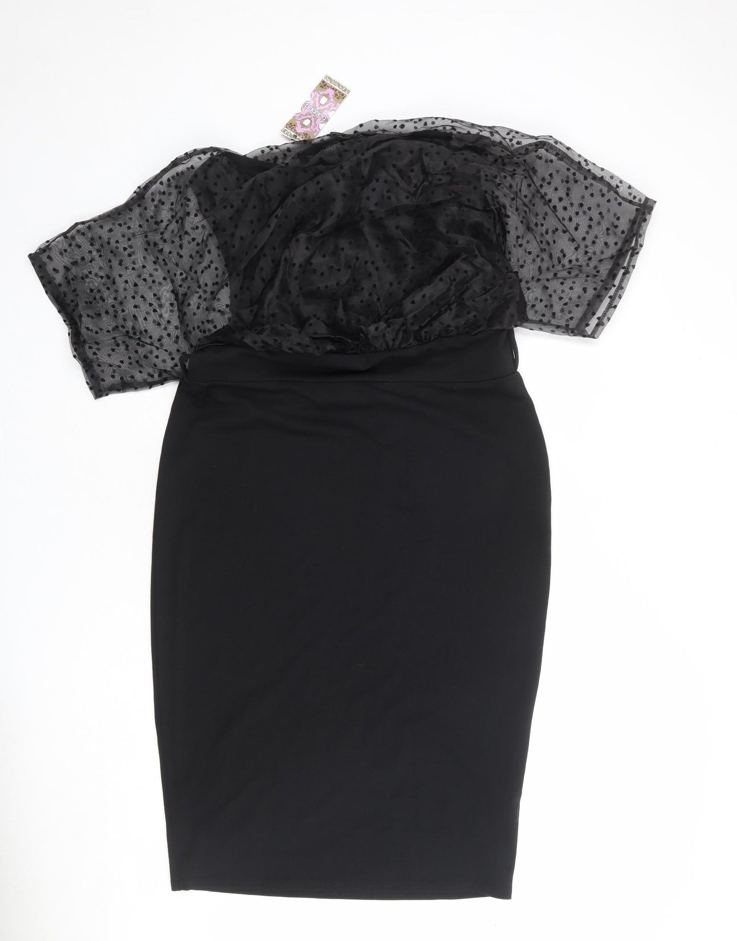Boohoo Womens Black Polyester Pencil Dress Size 16 Boat Neck Pullover - Sheer Sleeves