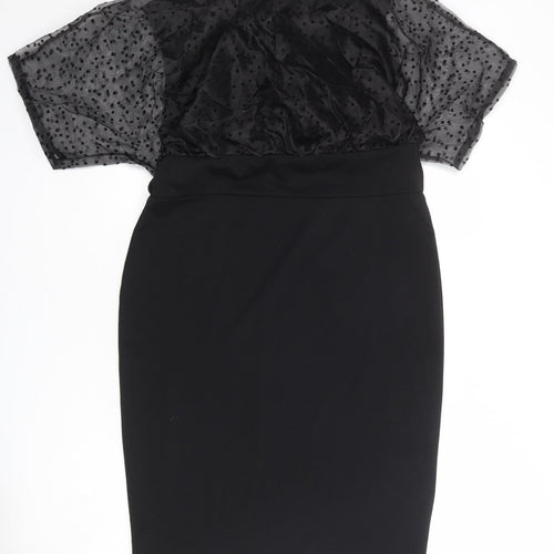 Boohoo Womens Black Polyester Pencil Dress Size 16 Boat Neck Pullover - Sheer Sleeves