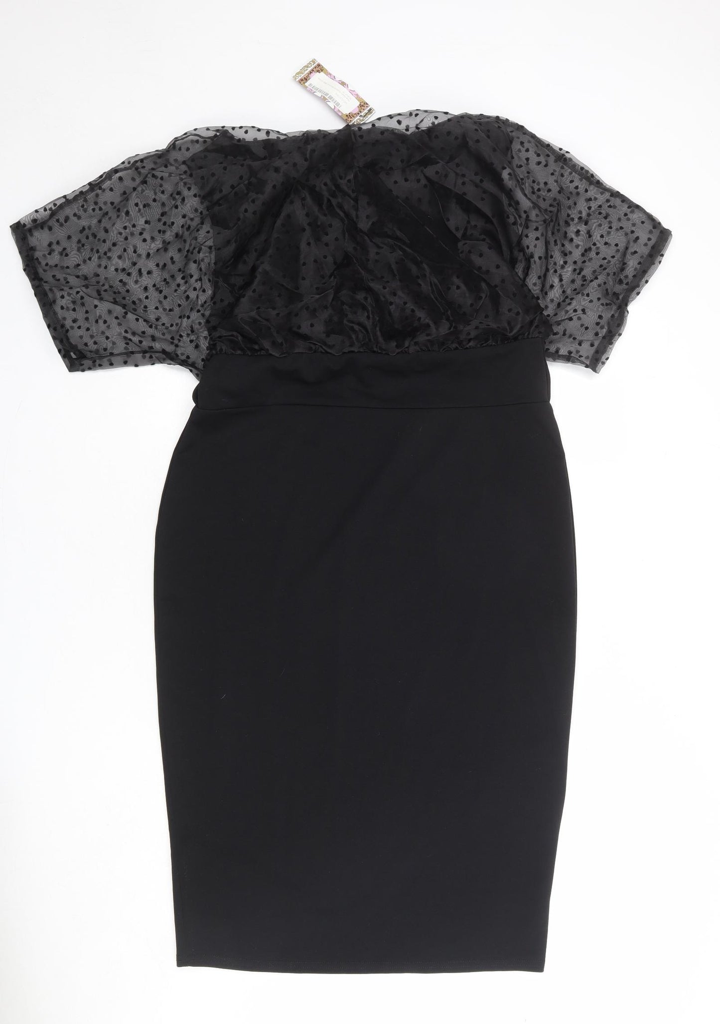 Boohoo Womens Black Polyester Pencil Dress Size 16 Boat Neck Pullover - Sheer Sleeves