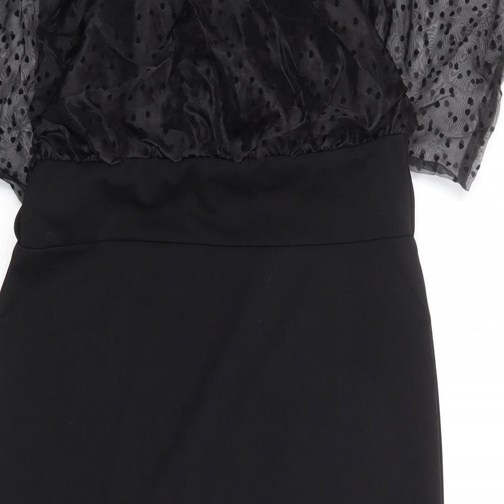 Boohoo Womens Black Polyester Pencil Dress Size 16 Boat Neck Pullover - Sheer Sleeves